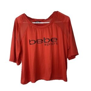 Bebe Sport Womens Red Mesh Panel‎ Logo Graphic Cropped T-Shirt Size Large